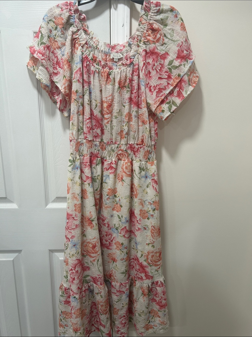Cottagecore Pink Floral Puff Sleeve Smocked Milkmaid Midi Dress